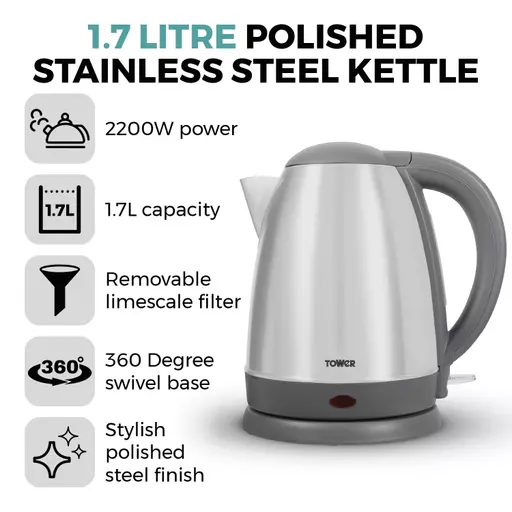 Presto 1.7 Litre Polished Stainless Steel Kettle 4 Presto 1.7 Litre Polished Stainless Steel Kettle - Image 2