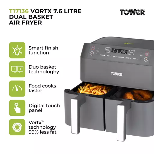 Vortx Dual Basket Air Fryer With 6 Pre-Set Functions 7.6 Litre 4 Vortx Dual Basket Air Fryer With 6 Pre-Set Functions 7.6 Litre - Image 2